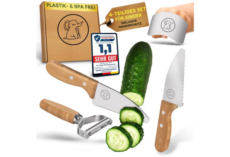 Eli Kinderkochmesser Küchenmesser Kinder Set inkl. Schneidebrett, Schäler und Fingerschutz, 5 teiliges hochwertiges Schneidemesser Set - rostfreier Edelstahl von Eli