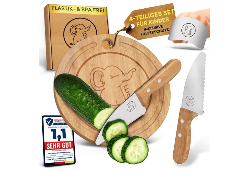 Eli Kinderkochmesser Küchenmesser Kinder Set inkl. Schneidebrett, Schäler und Fingerschutz, 5 teiliges hochwertiges Schneidemesser Set - rostfreier Edelstahl von Eli