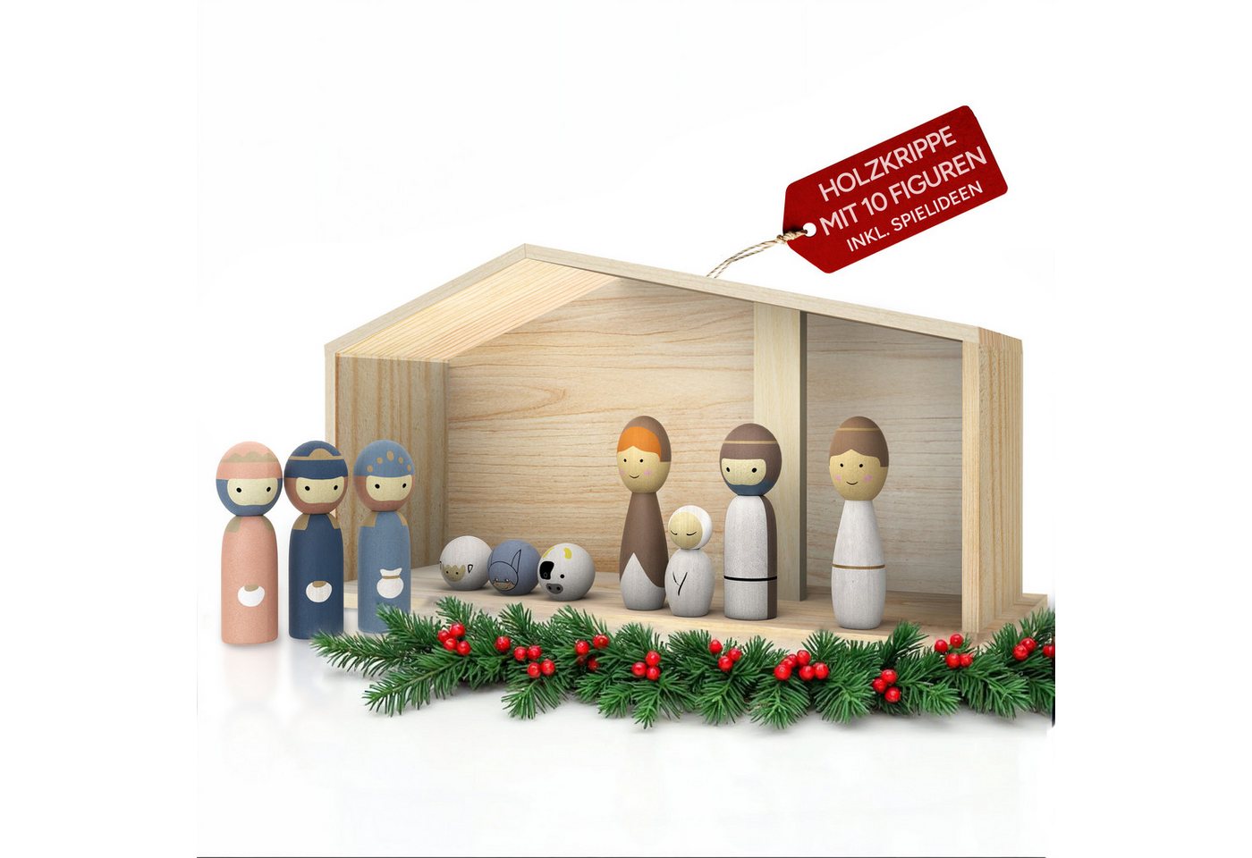 Eli Krippe Weihnachtskrippe aus Holz für Kinder inkl. Krippenfiguren - Tiere (11-tlg), und Spielanleitung - Kinderkrippe - Holzkrippe Jungen - Mädchen von Eli