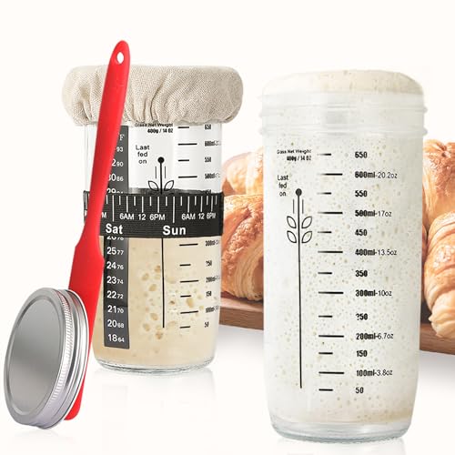 Gärkörbchen Gärkorb Sauerteig Starter Set 650ml 2pack, Sauerteig-Brot-Starterglas mit Futterband Datumsmarkierung, Thermometer, Schrott, Stoffbezug, Metalldeckel, Heimback Gärungszubehör Backen von Elifel