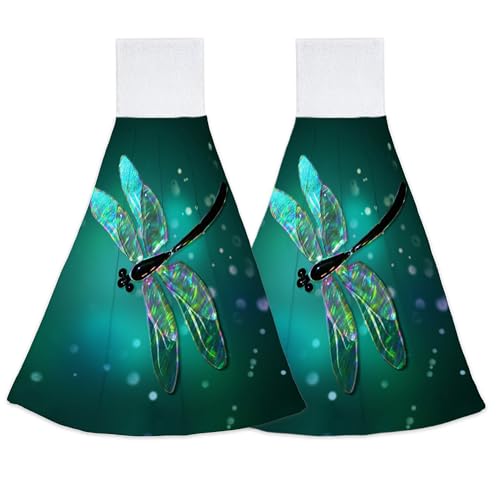 Elightvap Libellen-Hängetücher, Fantasie, grüne Libellen, Handtuch, 2er-Set, schnell trocknend, Geschirrtücher für Badezimmer, WC, Fitnessstudio, Dekor von Elightvap