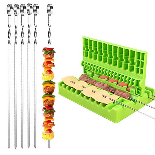 Elinala Schaschlikspieße Edelstahl, BBQ Spieß Maschine, 20PCS Metall Flacher Wiederverwendbarer Kebab und 1 Stück 3-in-1 Ulti-Function Barbecue Gemüse Fleischspießbox (35CM) von Elinala