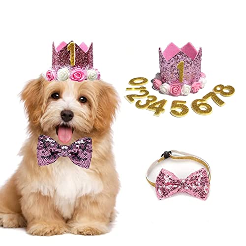 Hund Geburtstag Hut, Haustier Katze Hund Geburtstag Krone Hut und Fliege mit 0-9 Figuren Charms Party Zubehör für kleine mittelgroße Welpen Kätzchen (PINK) von Elionless