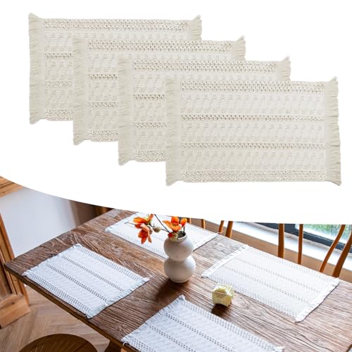 Elistonie 4 Stück Boho Gewebte Baumwolle Tischsets - Handgewebte Fransen, Waschbar, Bauernhaus Leinen Quaste Tuch Tischmatten, Rustikale Makramee für Esstisch Dekor (C) von Elistonie