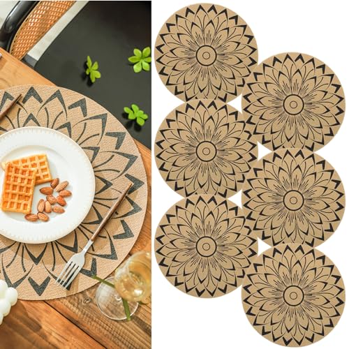 Elistonie 6er Set Boho Runde Tischsets Abwaschbar Platzsets für Esstisch Vinyl Hitzebeständig Essmatten Wasserdicht Runde Platzdeckchen Mandala Jute Tischsets Tischset Böhmische Tisch-Sets (C) von Elistonie