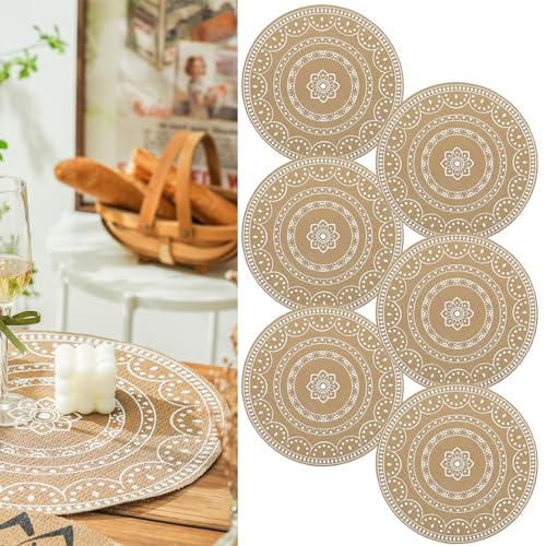 Elistonie 6er Set Boho Runde Tischsets Abwaschbar Platzsets für Esstisch Vinyl Hitzebeständig Essmatten Wasserdicht Runde Platzdeckchen Mandala Jute Tischsets Tischset Böhmische Tisch-Sets (F) von Elistonie