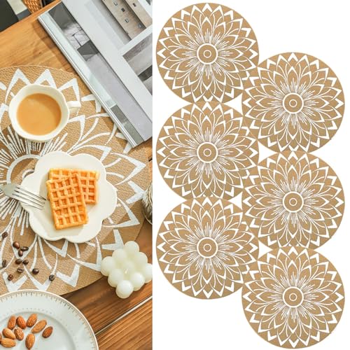 Elistonie 6er Set Boho Runde Tischsets Abwaschbar Platzsets für Esstisch Vinyl Hitzebeständig Essmatten Wasserdicht Runde Tischsets Mandala Jute Tischsets Tischset Böhmische Tisch-Sets (D) von Elistonie