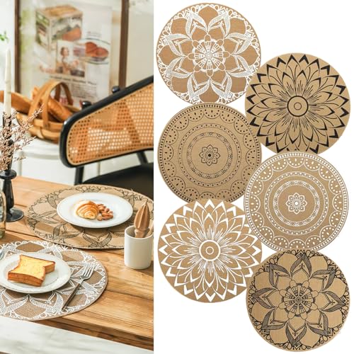 Elistonie 6er Set Boho Runde Tischsets Abwaschbar Platzsets für Esstisch Vinyl Hitzebeständig Essmatten Wasserdicht Runde Tischsets Mandala Jute Tischsets Tischset Böhmische Tisch-Sets (MIX) von Elistonie