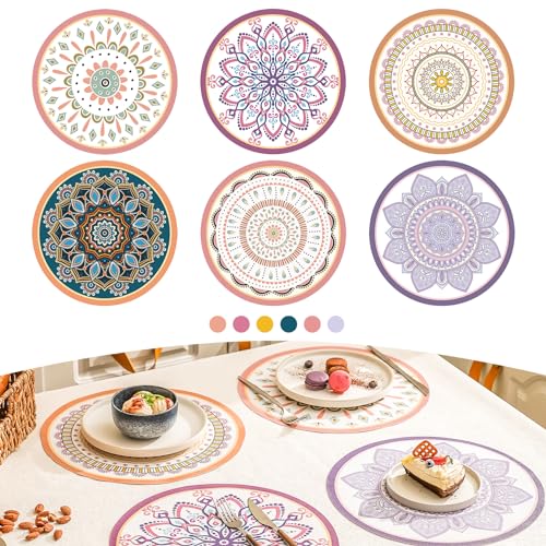 Elistonie 6er Set Boho Runde Tischsets Wasserdicht Strukturiert Vinyl Tischsets für Esstisch Hitzebeständige Essmatten Waschbar Platzsets Mandala Runde Ende Tischmatte Böhmische Tischdekorationen von Elistonie