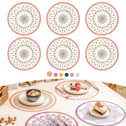 Elistonie 6er Set Boho Runde Tischsets Wasserdicht Strukturiert Vinyl Tischsets für Esstisch Hitzebeständige Essmatten Waschbar Platzsets Mandala Rundes Ende Tischmatte Böhmische Tisch-Sets (A) von Elistonie