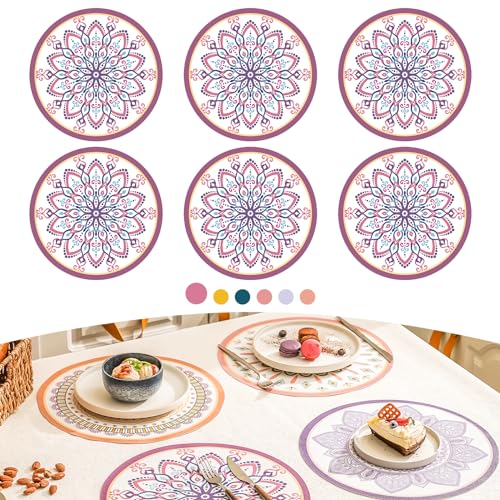 Elistonie 6er Set Boho Runde Tischsets Wasserdicht Strukturiert Vinyl Tischsets für Esstisch Hitzebeständige Essmatten Waschbare Platzsets Mandala Rundes Ende Tischmatte Böhmische Tisch-Sets (F) von Elistonie