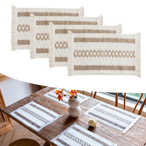 Elistonie Set mit 4 gewebten Boho-Platzdeckchen aus Baumwolle, handgewebt, Fransen, waschbar, Bauernhaus, Leinen, Quaste, Stoff, Tischsets, rustikale Makramee-Platzsets für Esstischdekoration (B) von Turlte