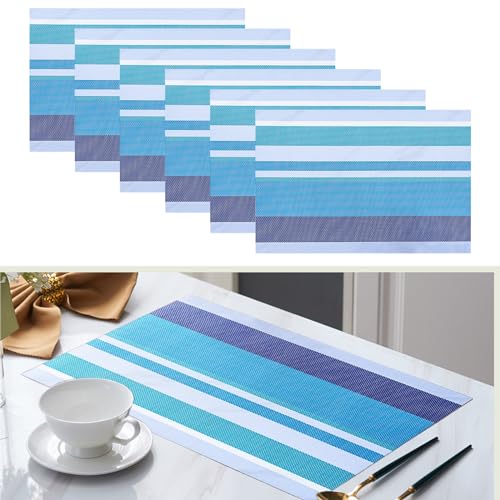 Elistonie Tischsets Abwaschbare 6er-Set gestreifte Vinyl-Essmatte Platzset abwischbare Tischsets für Küche Abgrifffeste Hitzebeständig rutschfest Platzdeckchen für Speisetisch,Restaurant (Ozeanblau) von Elistonie
