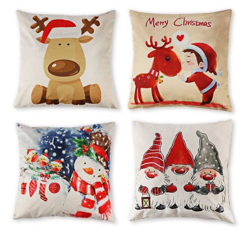 ElitVita Kissenbezüge 4tlg 45x45cm Weihnachtskissenbezüge Leinen Bezüge mit Reißverschluss, (4 Stück), Weihnachtsdeko für Kissen Zimmer Sofa von ElitVita