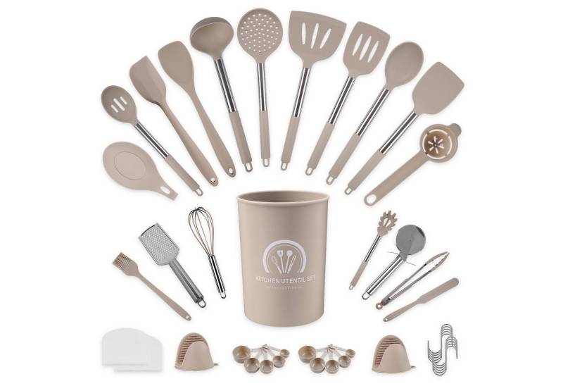 ElitVita Kochbesteck-Set 45 Silikon Küchenhelfer, Edelstahl Griff, mit Spatel Suppenkelle (45-tlg., Spatel, Suppenlöffel, Bratspatel, Puderkralle, Lebensmittelklammer), Mit Schneebesen Bratspatel Utensilienhalter Aufhängeschlaufe von ElitVita