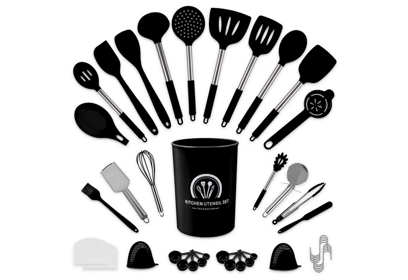 ElitVita Kochbesteck-Set 45 Silikon Küchenhelfer, Edelstahl Griff, mit Spatel Suppenkelle (45-tlg., Spatel, Suppenlöffel, Bratspatel, Puderkralle, Lebensmittelklammer), Mit Schneebesen Bratspatel Utensilienhalter Aufhängeschlaufe von ElitVita