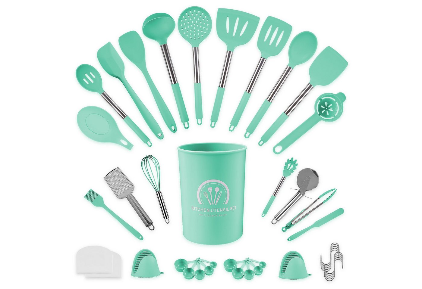 ElitVita Kochbesteck-Set 45 Silikon Küchenhelfer, Edelstahl Griff, mit Spatel Suppenkelle (45-tlg., Spatel, Suppenlöffel, Bratspatel, Puderkralle, Lebensmittelklammer), Mit Schneebesen Bratspatel Utensilienhalter Aufhängeschlaufe von ElitVita
