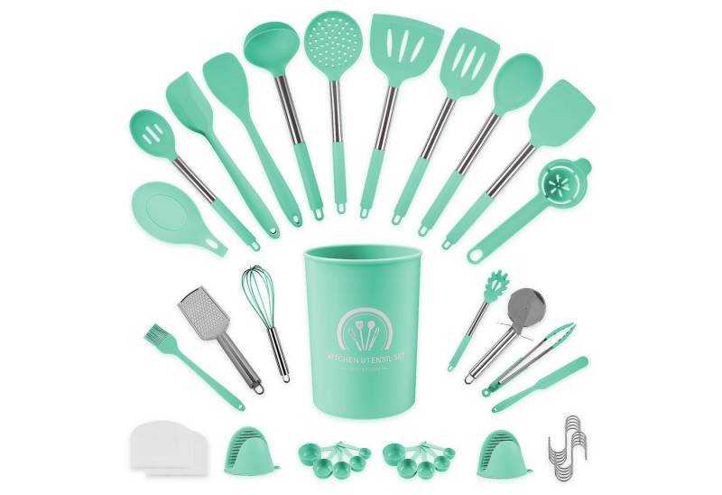 ElitVita Kochbesteck-Set 45 Silikon Küchenhelfer, Edelstahl Griff, mit Spatel Suppenkelle (45-tlg., Spatel, Suppenlöffel, Bratspatel, Puderkralle, Lebensmittelklammer), Mit Schneebesen Bratspatel Utensilienhalter Aufhängeschlaufe von ElitVita