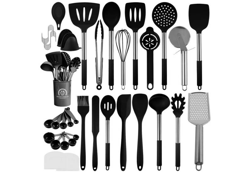 ElitVita Kochbesteck-Set 45 Silikon Küchenhelfer, mit Utensilienhalter, Mit Aufhängeschlaufe (45-tlg., Spatel, Suppenlöffel, Bratspatel, Puderkralle, Lebensmittelklammer), Griff aus rostfreiem Stahl, Spatel Bratspatel Suppenkelle Schneebesen von ElitVita