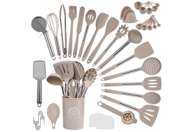 ElitVita Kochbesteck-Set 45 Silikon Küchenhelfer, mit Utensilienhalter, Mit Aufhängeschlaufe (45-tlg., Spatel, Suppenlöffel, Bratspatel, Puderkralle, Lebensmittelklammer), Griff aus rostfreiem Stahl, Spatel Bratspatel Suppenkelle Schneebesen von ElitVita
