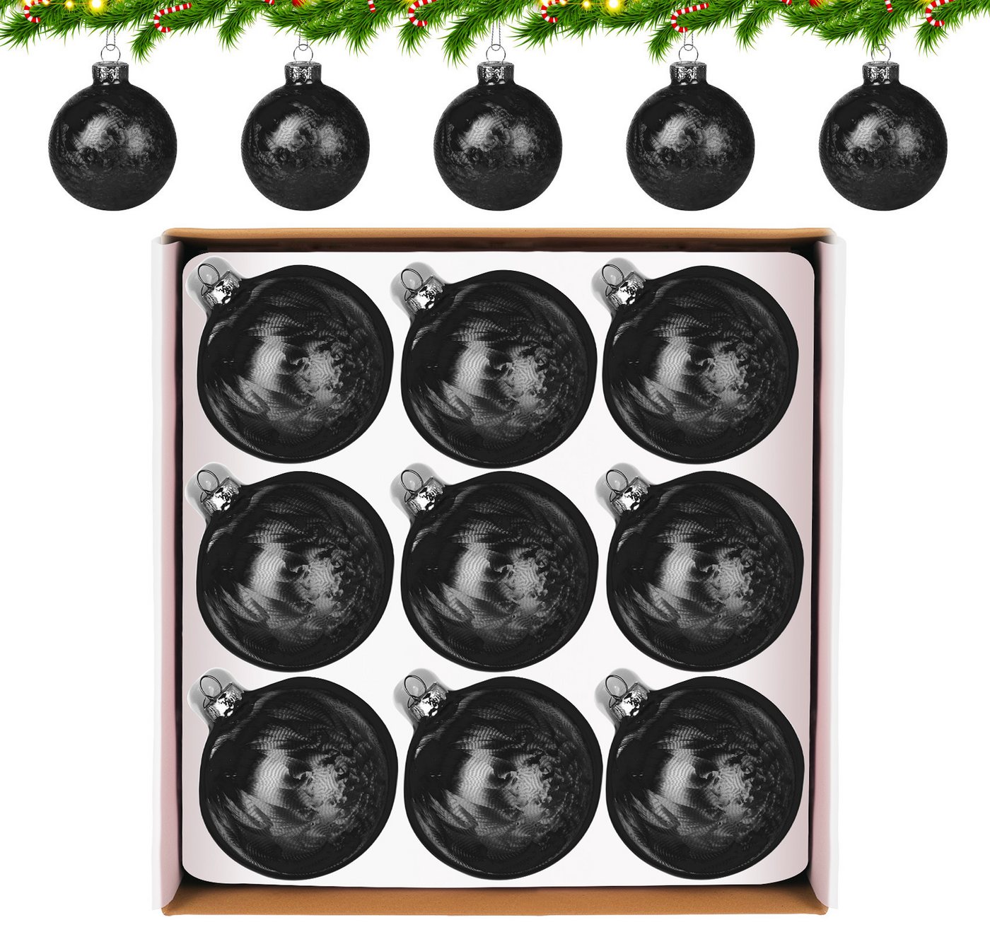 ElitVita Weihnachtsbaumkugel Ø 8cm, Feder Textur Muster, mit Umhängeband (9 St), für Christbaum Girlanden Deko von ElitVita