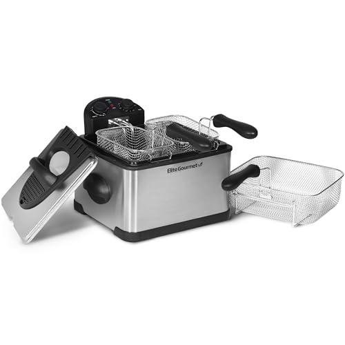 Elite Gourmet EDF-401T Elektrische Öl-Fritteuse, 3 Behälter, 1700 W, Timer-Steuerung, einstellbare Temperatur, Deckel mit Sichtfenster und geruchsfreiem Filter von Elite Gourmet