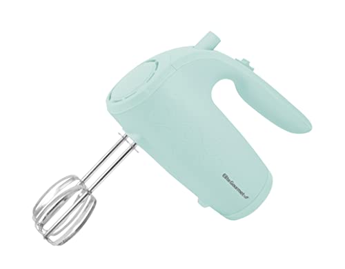 Elite Gourmet EHM003M Ultra Power elektrischer 5-Gang-Küchen-Handmixer mit 2 extra breiten, glatten, cremigen Schlagmischungen aus Edelstahl und praktischer Rühraufbewahrung, Mintblau von Elite Gourmet