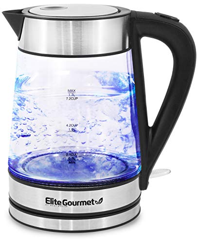 Elite Gourmet EKT-602 Elektrischer BPA-freier Glaswasserkocher, kabellose 360°-Basis, stilvolle blaue LED-Innenseite, praktische automatische Abschaltung – schnelles Wasserkochen, Edelstahl von Elite Gourmet