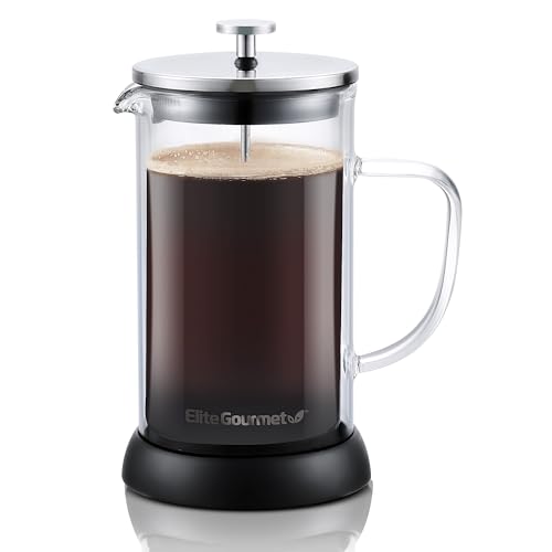 Elite Gourmet FP1223 1 Liter French Press Kaffeemaschine, doppelwandige isolierte Borosilikatglas-Karaffe, spülmaschinenfest, Edelstahl-Filter/Kolbenmontage, abnehmbarer Silikonboden, leicht zu von Elite Gourmet