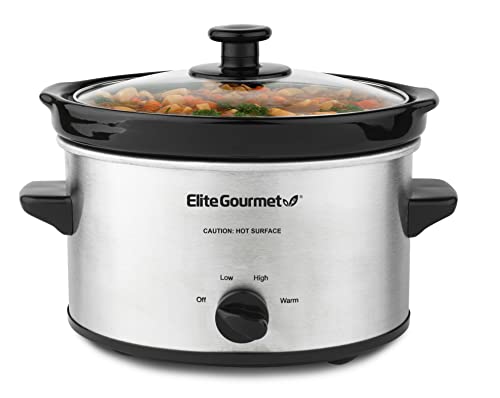 Elite Gourmet MST-275XS Elektrischer ovaler Schongarer, einstellbare Temperatur, Vorspeisen, Saucen, Eintöpfe und Dips, spülmaschinenfester Glasdeckel und Topf (2 Quart, Edelstahl) von Elite Gourmet