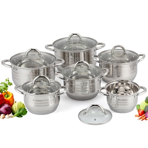 EliteHoff 12-Teilig Induktion Kochtopf-Set, 5-lagig Edelstahl Kochtopf, 6er Set Töpfe mit Deckeln, für Alle Herdarten von EliteHoff