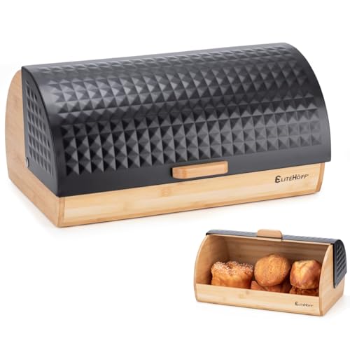 EliteHoff Brotkasten Bambus Metall, Brotbehälter Holz, Brot Aufbewahrungsbox groß, Brotaufbewahrungsbox ca. 39x28x19 cm, Brotbox mit Deckel (Schwarz) von EliteHoff