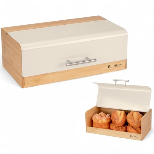 EliteHoff Brotkasten Bambus Metall, Brotbox Rechteckig ca. 36 x 20 x 14 cm, Brotbox mit Klappdeckel, Brotaufbewahrung Modern, Lebensmittelecht (Beige) von EliteHoff
