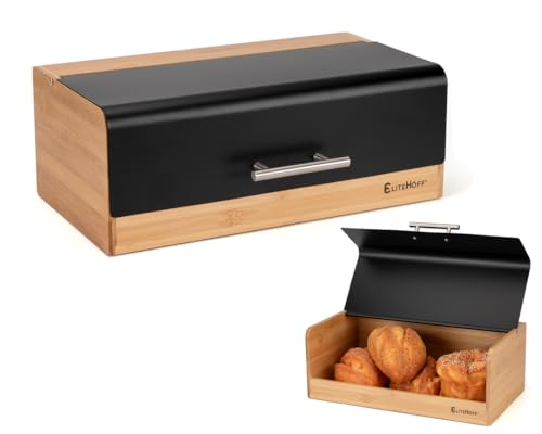 EliteHoff Brotkasten Bambus Metall, Brotbox Rechteckig ca. 36 x 20 x 14 cm, Brotbox mit Klappdeckel, Brotaufbewahrung Modern, Lebensmittelecht (Schwarz) von EliteHoff