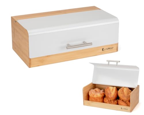 EliteHoff Brotkasten Bambus Metall, Brotbox Rechteckig ca. 36 x 20 x 14 cm, Brotbox mit Klappdeckel, Brotaufbewahrung Modern, Lebensmittelecht (Weiß) von EliteHoff