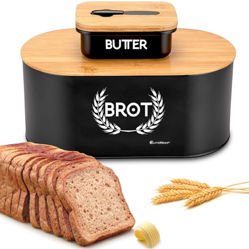 EliteHoff Brotkasten Bambus Metall | Brotbox mit Bambusdeckel, Butterdose Schwarz Matt mit Holzdeckel und Buttermesser (35x19,5x16cm) von EliteHoff