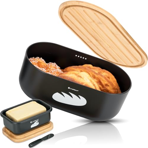 EliteHoff Brotkasten mit Schneidebrett + Vorratsdosen 3er Set (Kaffeedose Teedose Zuckerdose) oder Brotbox mit Butterdose | Brotkorb Metall Schwarz mit Bambusdeckel - 35x19x14cm (2er Set) von EliteHoff