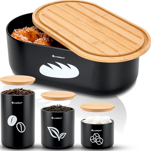 EliteHoff Brotkasten mit Schneidebrett + Vorratsdosen 3er Set (Kaffeedose Teedose Zuckerdose) oder Brotbox mit Butterdose | Brotkorb Metall Schwarz mit Bambusdeckel - 35x19x14cm (4er Set) von EliteHoff