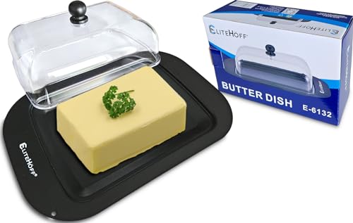 EliteHoff Butterdose Edelstahl mit Deckel, Butterbehälter mit Griff, Butterbox, Butterschale Metall 19x12 cm für 250g Butter (Schwarz / Transparent) von EliteHoff