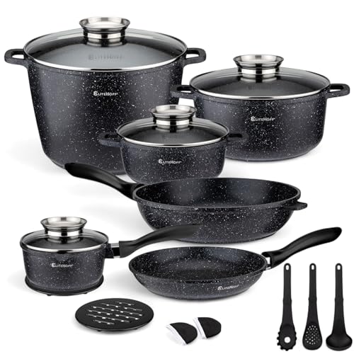 EliteHoff Induktion Topfset, 17-teiliges Kochgeschirr-Set, Kochtopf und Pfannenset mit Deckel, Topf Aluminium, Antihaft Kochgeschirr für alle Herdarten, Spülmaschinenfest & PFOA-frei (Schwarz, E-7026) EliteHoff Induktion Topfset, 17-teiliges Kochgeschirr-Set, Kochtopf und Pfannenset mit Deckel, Topf Aluminium, Antihaft Kochgeschirr für alle Herdarten, Spülmaschinenfest & PFOA-frei (Schwarz, E-7026) von EliteHoff