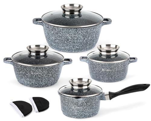 EliteHoff Induktion Topfset mit Stieltopf, 9-tlg Kochgeschirr-Set 16/16/20/24 cm, Kochtopf mit Deckel, Topf Aluminium, Antihaft Kochgeschirr für alle Herdarten, Spülmaschinenfest, PFOA-frei (Grau) von EliteHoff