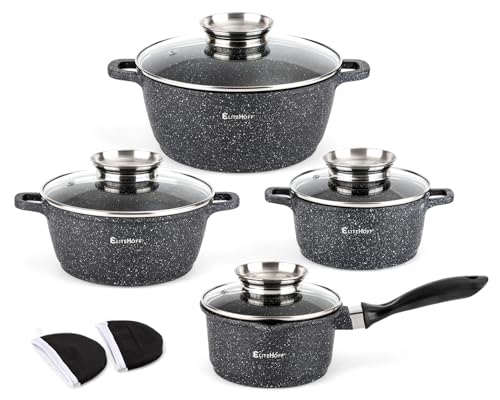 EliteHoff Induktion Topfset mit Stieltopf, 9-tlg Kochgeschirr-Set 16/16/20/24 cm, Kochtopf mit Deckel, Topf Aluminium, Antihaft Kochgeschirr für alle Herdarten, Spülmaschinenfest, PFOA-frei (Schwarz) von EliteHoff
