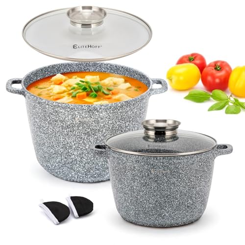 EliteHoff Kochtopf, 2er-Set Suppentopf aus Aluminiumguss mit Antihaftbeschichtung 24/28 cm (6,5L und 10,2L), Induktionstopf mit Glasdeckel, Für alle Herdarten inkl. Induktion, Gas, Elektro (Grau) von EliteHoff