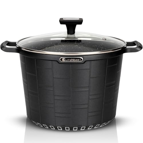 EliteHoff Kochtopf Induktion, Premium Topf 24cm 6.5 liter mit Glasdeckel, Suppentopf Aluminiumguss mit Antihaftbeschichtung, Geeignet für alle Herdarten, Induktionstopf Schwarz, Spülmaschinenfest von EliteHoff
