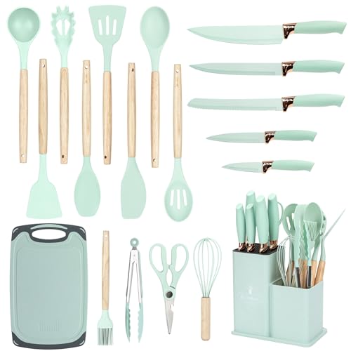 EliteHoff Küchenmesser-Set 19-teilig – Silikon-Küchenutensilien-Set mit Holzgriffen, 5 Messer, 12 Kochutensilien, Schneidebrett und Halter – Lebensmittelecht, Spülmaschinengeeignet, Mint (E-6074) von EliteHoff