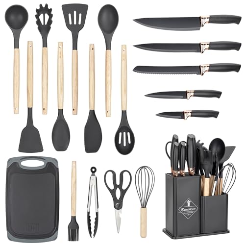 EliteHoff Küchenmesser-Set 19-teilig – Silikon-Küchenutensilien-Set mit Holzgriffen, 5 Messer, 12 Kochutensilien, Schneidebrett und Halter – Lebensmittelecht, Spülmaschinengeeignet, Schwarz (E-6069) von EliteHoff