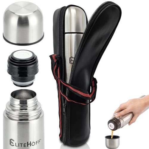 EliteHoff Thermosflasche mit Becher, Isolierkanne Edelstahl Doppelwandig (350ml, 500ml, 750ml oder 1L)+ Tragetasche für Thermoskanne (Silber, 1 L) von EliteHoff