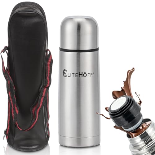 EliteHoff Thermosflasche mit Becher, Isolierkanne Edelstahl Doppelwandig (350ml, 500ml, 750ml oder 1L)+ Tragetasche für Thermoskanne (Silber, 350 ml) von EliteHoff