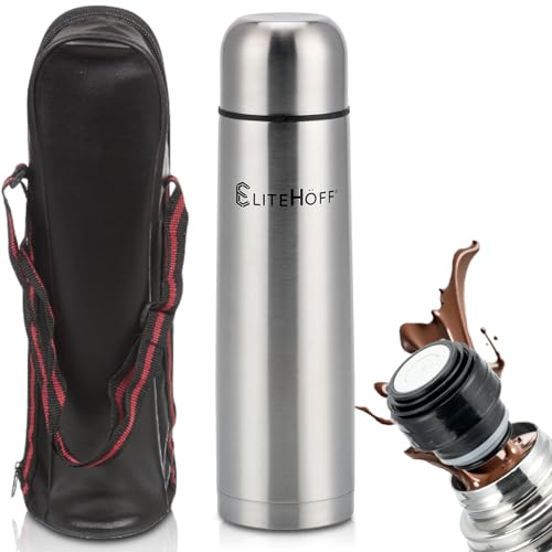 EliteHoff Thermosflasche mit Becher, Isolierkanne Edelstahl Doppelwandig (350ml, 500ml, 750ml oder 1L)+ Tragetasche für Thermoskanne (Silber, 500 ml) von EliteHoff