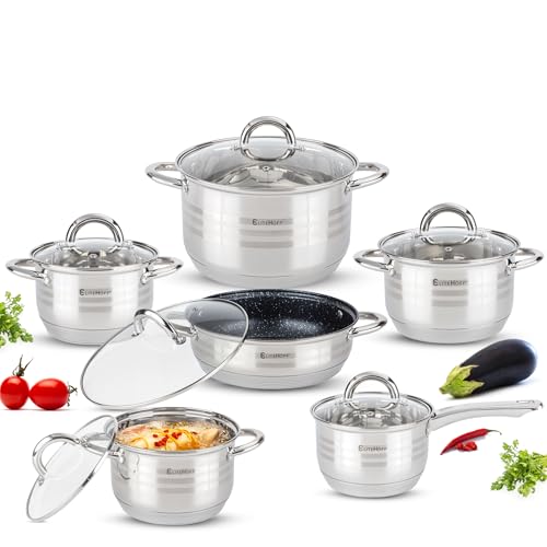 EliteHoff Topfset Induktion 12-teilig, Kochtopf Set mit Glasdeckel, 7-lagiger Edelstahl Topf Set Induktionsgeeignet, Kochgeschirr Set, Induktions Töpfe Set für alle Herdarten von EliteHoff
